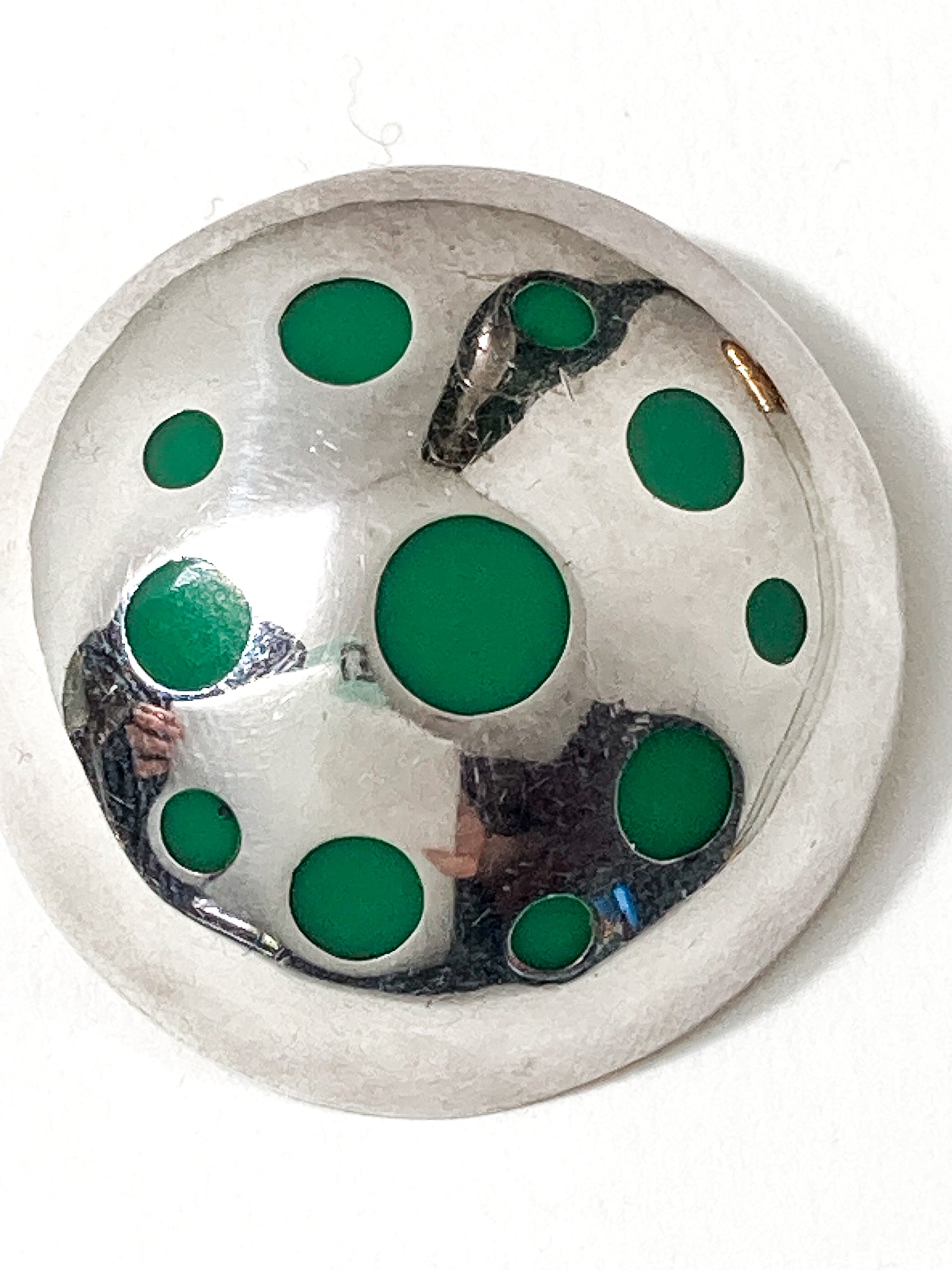 Vintage TAXCO Mexico Sterling Silver Green Domed Circle Brooch