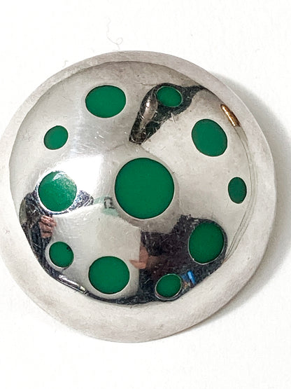 Vintage TAXCO Mexico Sterling Silver Green Domed Circle Brooch