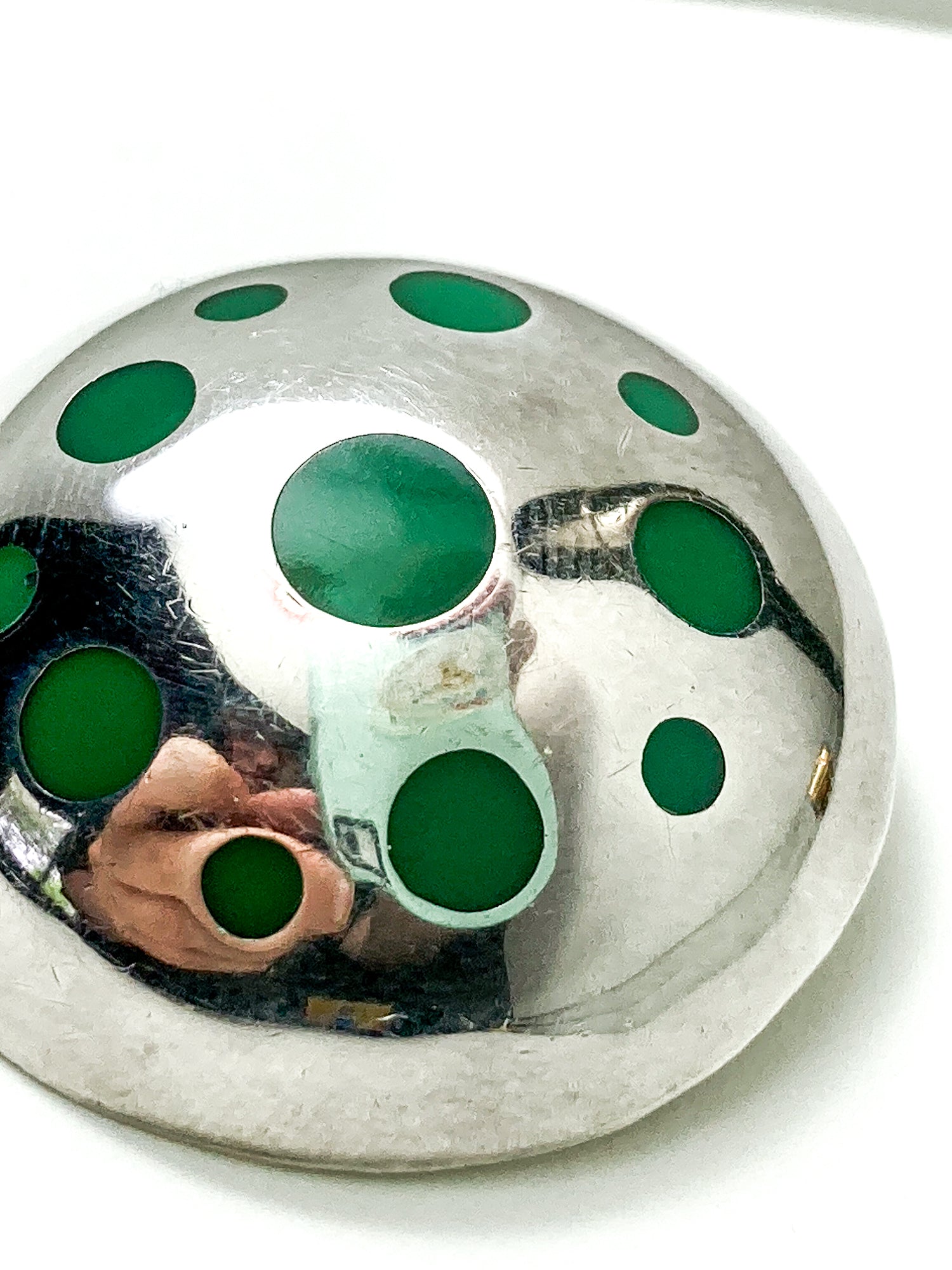 Vintage TAXCO Mexico Sterling Silver Green Domed Circle Brooch