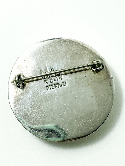 Vintage TAXCO Mexico Sterling Silver Green Domed Circle Brooch
