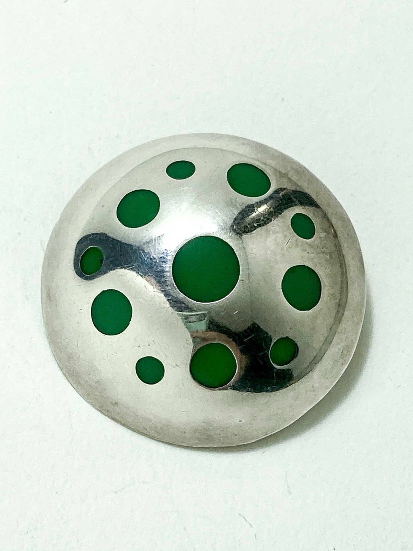 Vintage TAXCO Mexico Sterling Silver Green Domed Circle Brooch