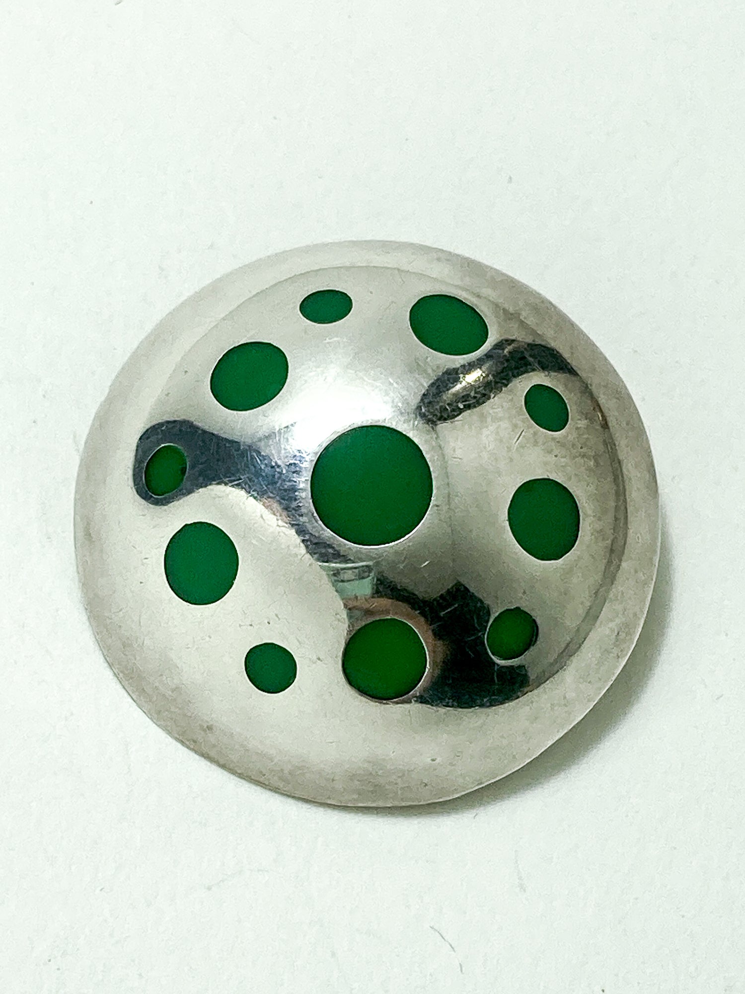 Vintage TAXCO Mexico Sterling Silver Green Domed Circle Brooch