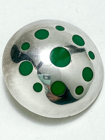 Vintage TAXCO Mexico Sterling Silver Green Domed Circle Brooch