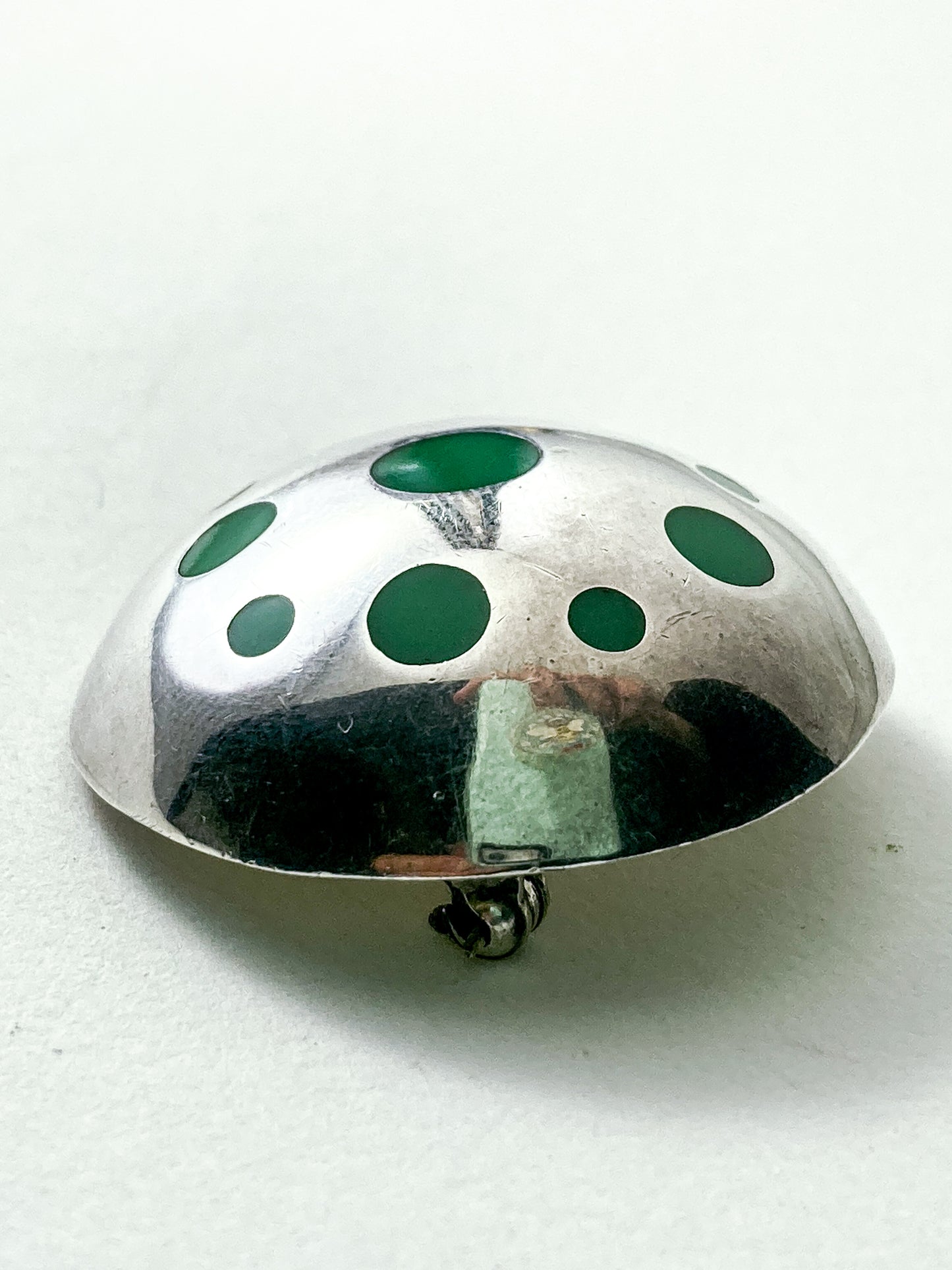 Vintage TAXCO Mexico Sterling Silver Green Domed Circle Brooch