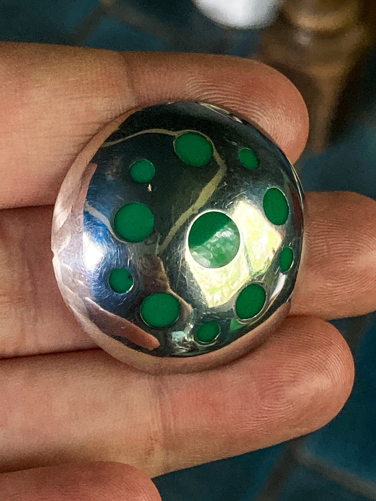 Vintage TAXCO Mexico Sterling Silver Green Domed Circle Brooch