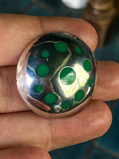 Vintage TAXCO Mexico Sterling Silver Green Domed Circle Brooch