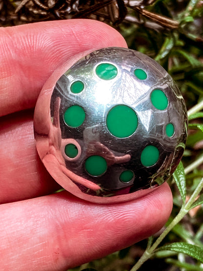 Vintage TAXCO Mexico Sterling Silver Green Domed Circle Brooch