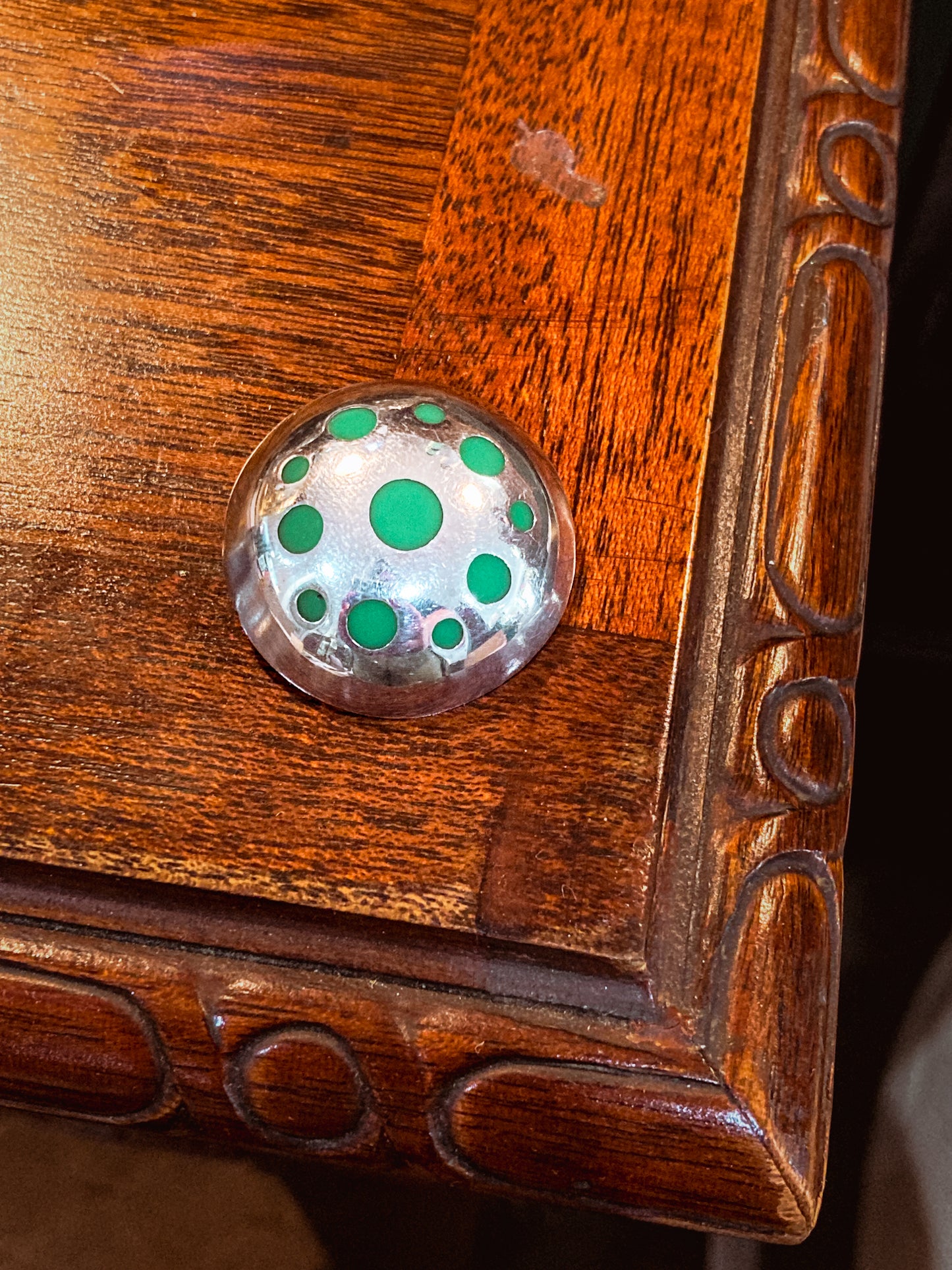 Vintage TAXCO Mexico Sterling Silver Green Domed Circle Brooch