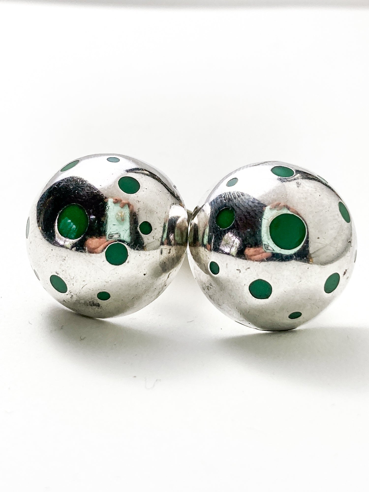 Vintage TAXCO Mexico Sterling Silver Green Domed Circle Clip On Earrings