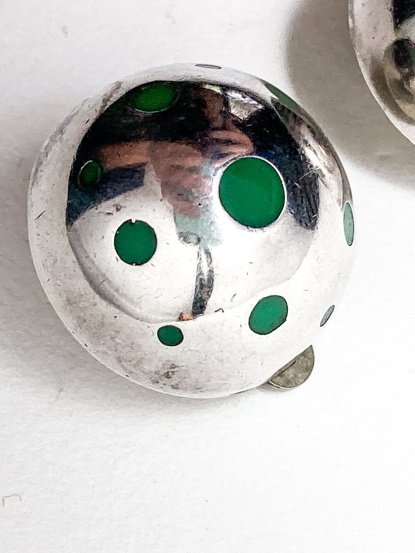 Vintage TAXCO Mexico Sterling Silver Green Domed Circle Clip On Earrings