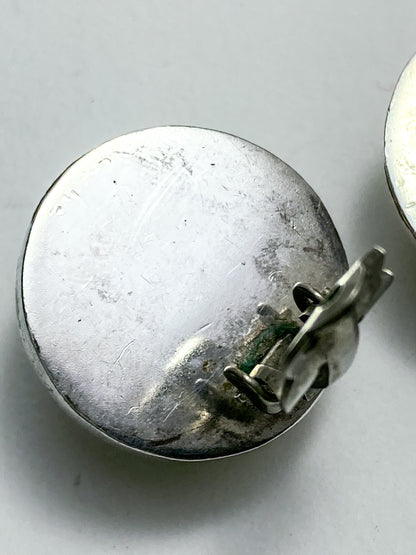 Vintage TAXCO Mexico Sterling Silver Green Domed Circle Clip On Earrings