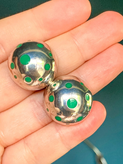 Vintage TAXCO Mexico Sterling Silver Green Domed Circle Clip On Earrings