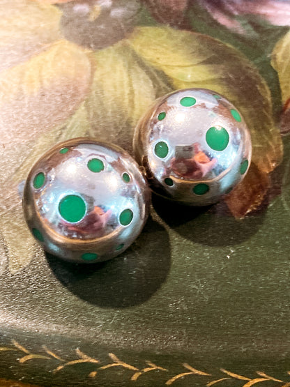 Vintage TAXCO Mexico Sterling Silver Green Domed Circle Clip On Earrings
