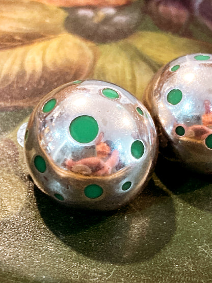 Vintage TAXCO Mexico Sterling Silver Green Domed Circle Clip On Earrings