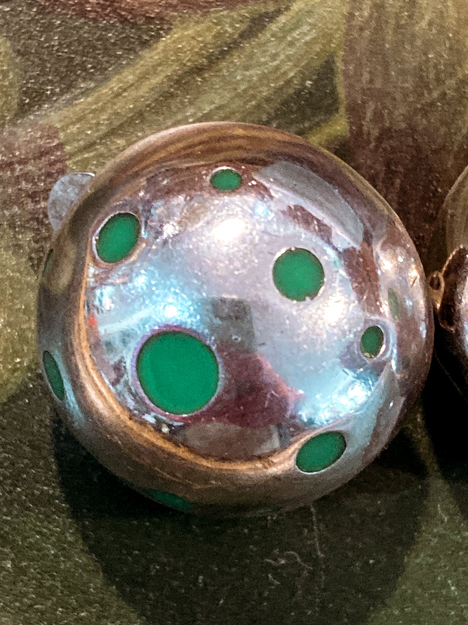 Vintage TAXCO Mexico Sterling Silver Green Domed Circle Clip On Earrings