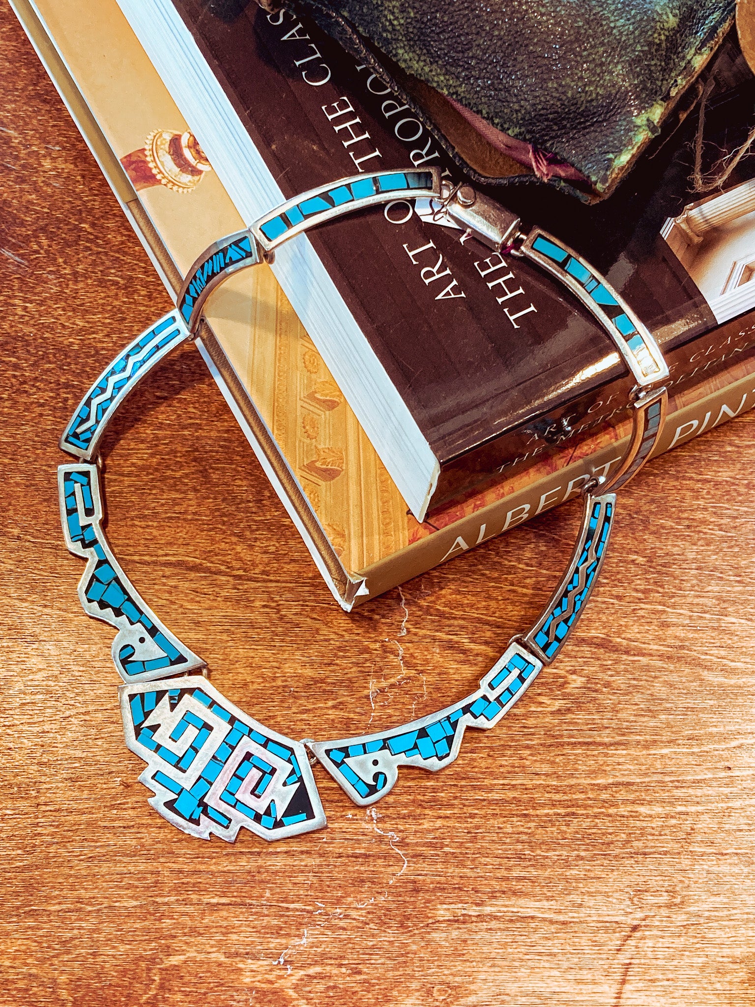 Vintage TAXCO Sterling Silver Turquoise Mosaic Inlay Segmented Necklace