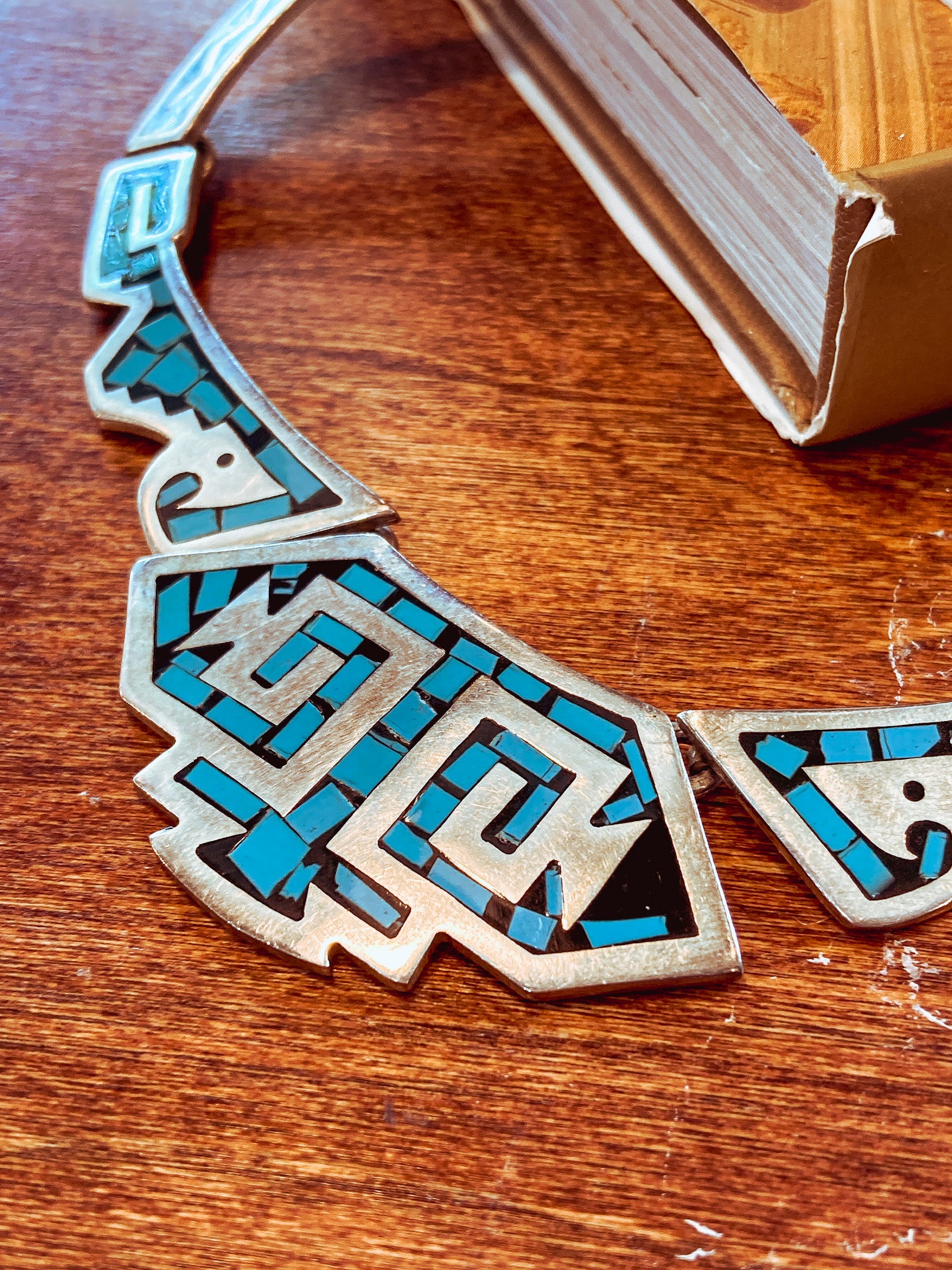 Vintage TAXCO Sterling Silver Turquoise Mosaic Inlay Segmented Necklace