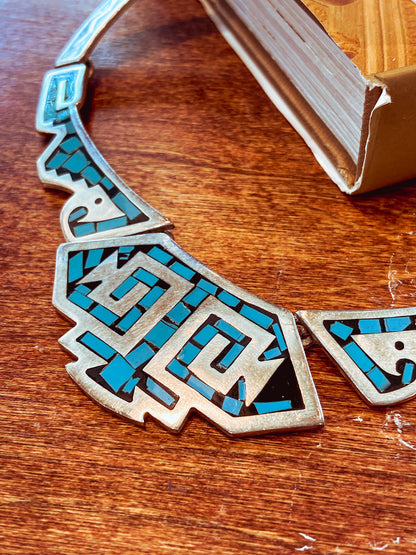 Vintage TAXCO Sterling Silver Turquoise Mosaic Inlay Segmented Necklace