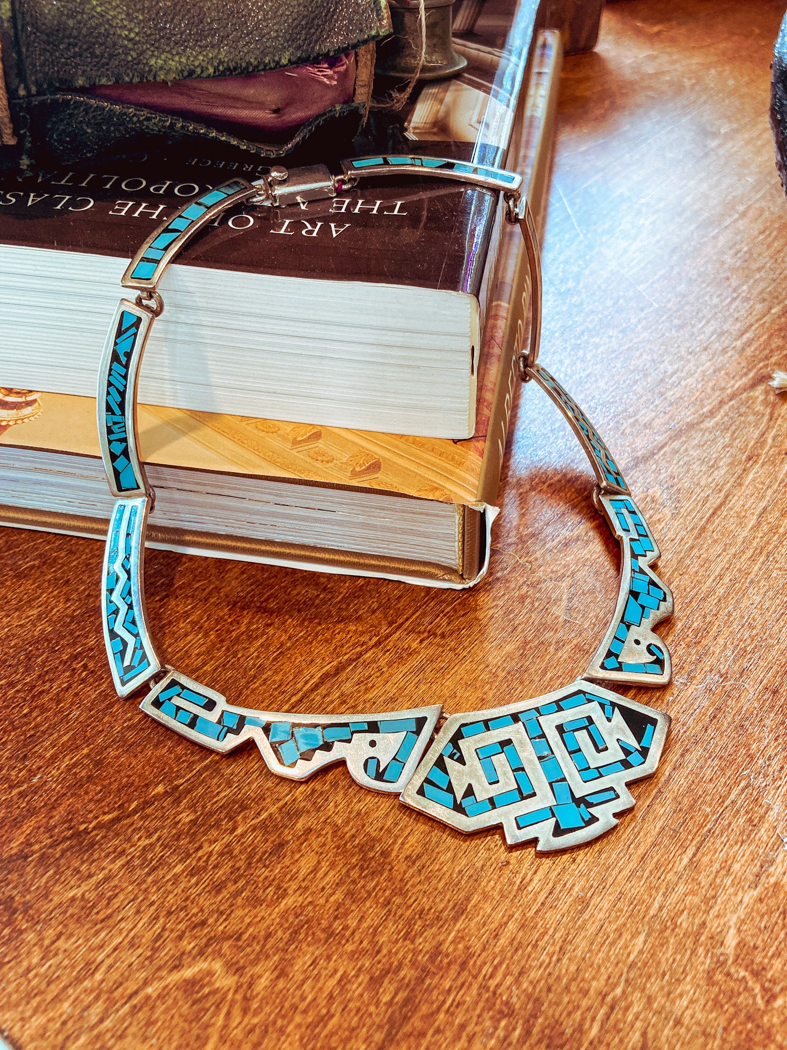 Vintage TAXCO Sterling Silver Turquoise Mosaic Inlay Segmented Necklace