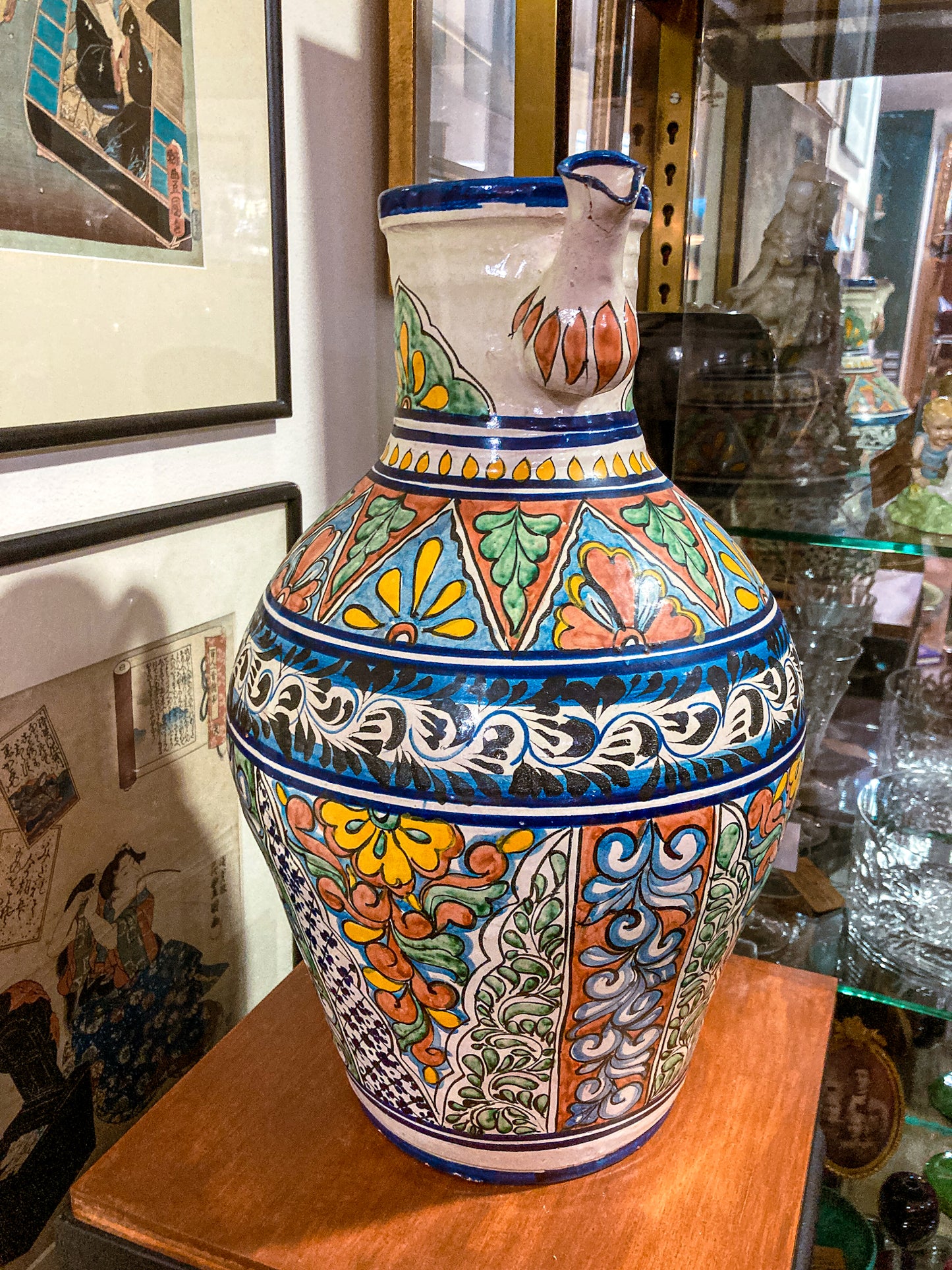 Vintage Talavera Mexican Polychrome Handmade Pottery Ewer Pitcher Jug
