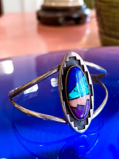 Vintage Temé Navajo Sterling Silver Geometric Stone Inlay Cuff Bracelet