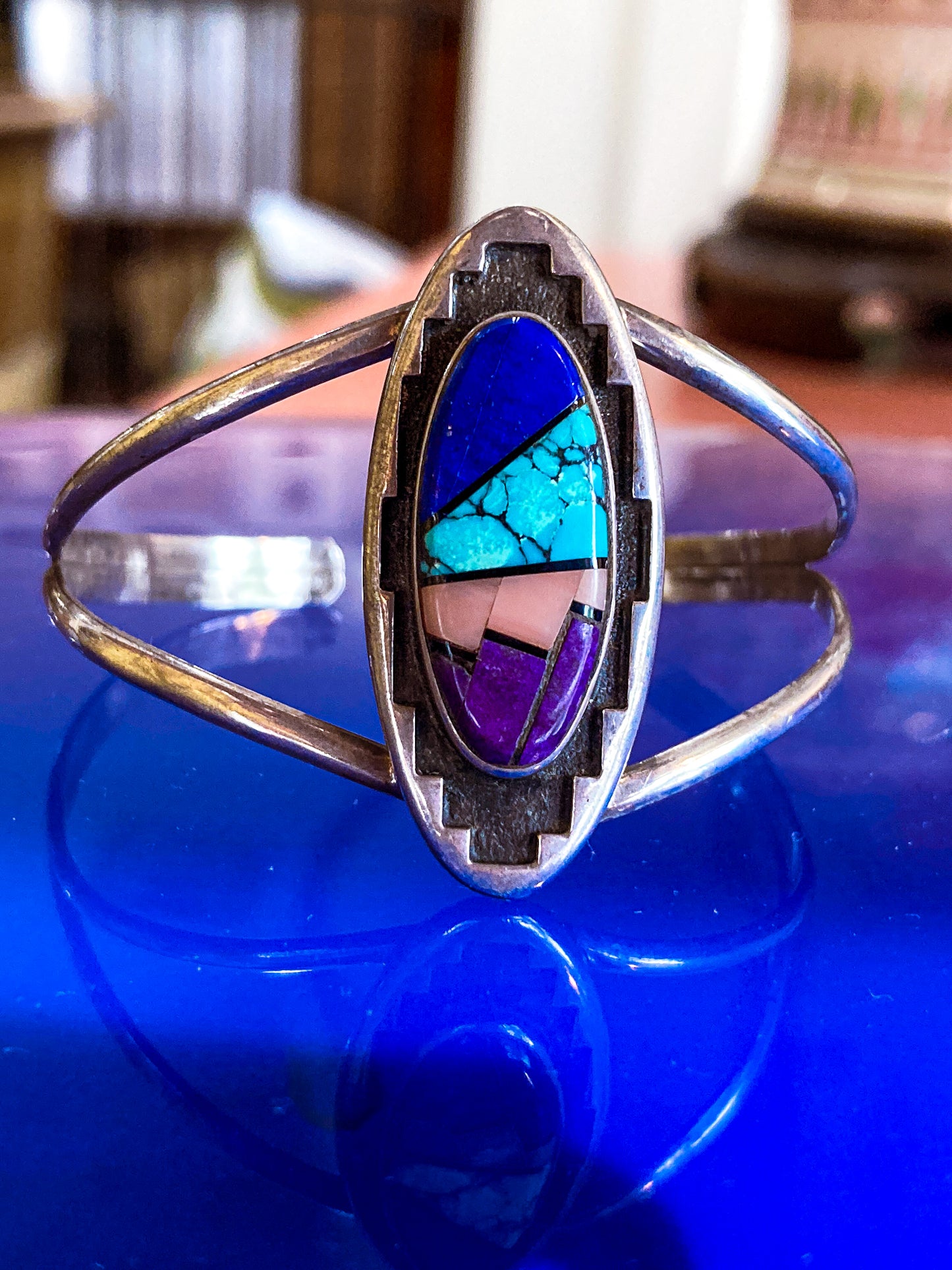 Vintage Temé Navajo Sterling Silver Geometric Stone Inlay Cuff Bracelet