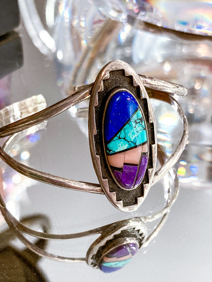 Vintage Temé Navajo Sterling Silver Geometric Stone Inlay Cuff Bracelet