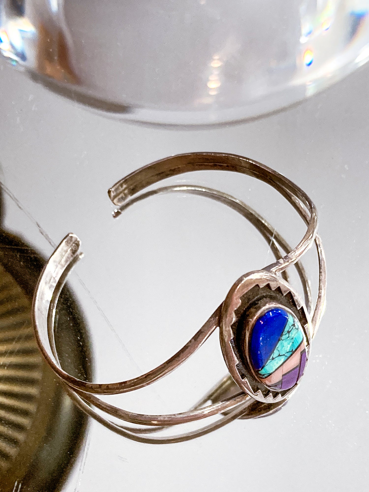 Vintage Temé Navajo Sterling Silver Geometric Stone Inlay Cuff Bracelet