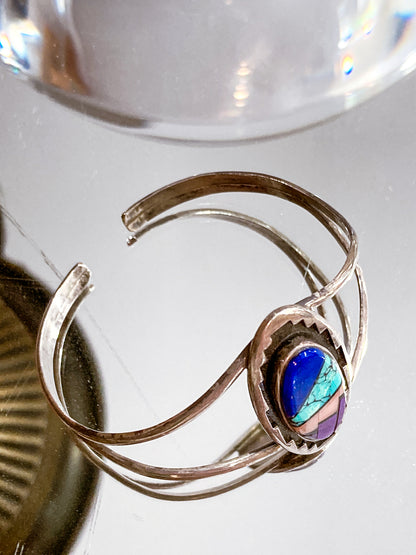 Vintage Temé Navajo Sterling Silver Geometric Stone Inlay Cuff Bracelet
