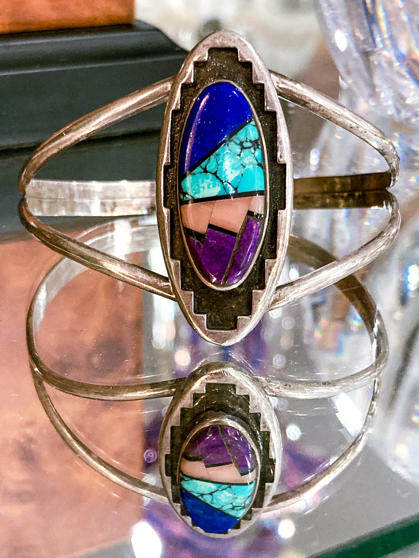 Vintage Temé Navajo Sterling Silver Geometric Stone Inlay Cuff Bracelet