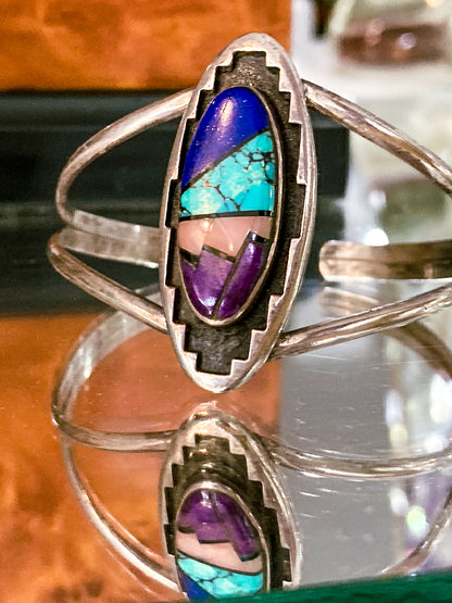 Vintage Temé Navajo Sterling Silver Geometric Stone Inlay Cuff Bracelet