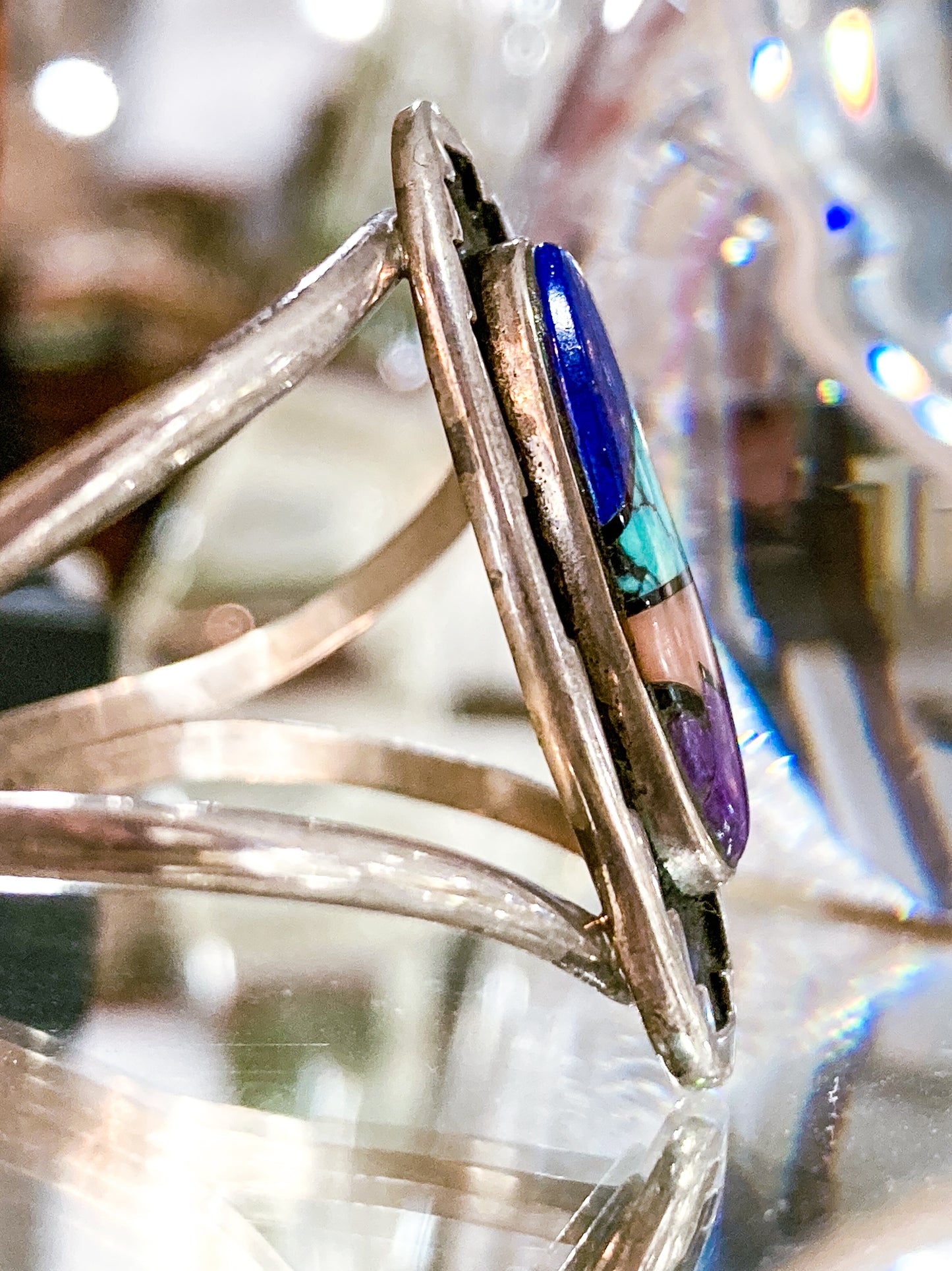 Vintage Temé Navajo Sterling Silver Geometric Stone Inlay Cuff Bracelet
