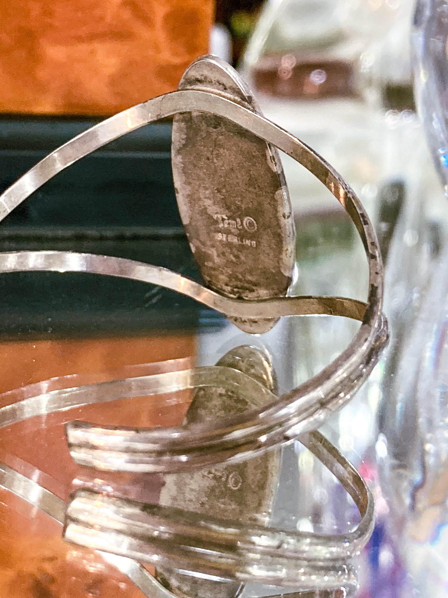 Vintage Temé Navajo Sterling Silver Geometric Stone Inlay Cuff Bracelet
