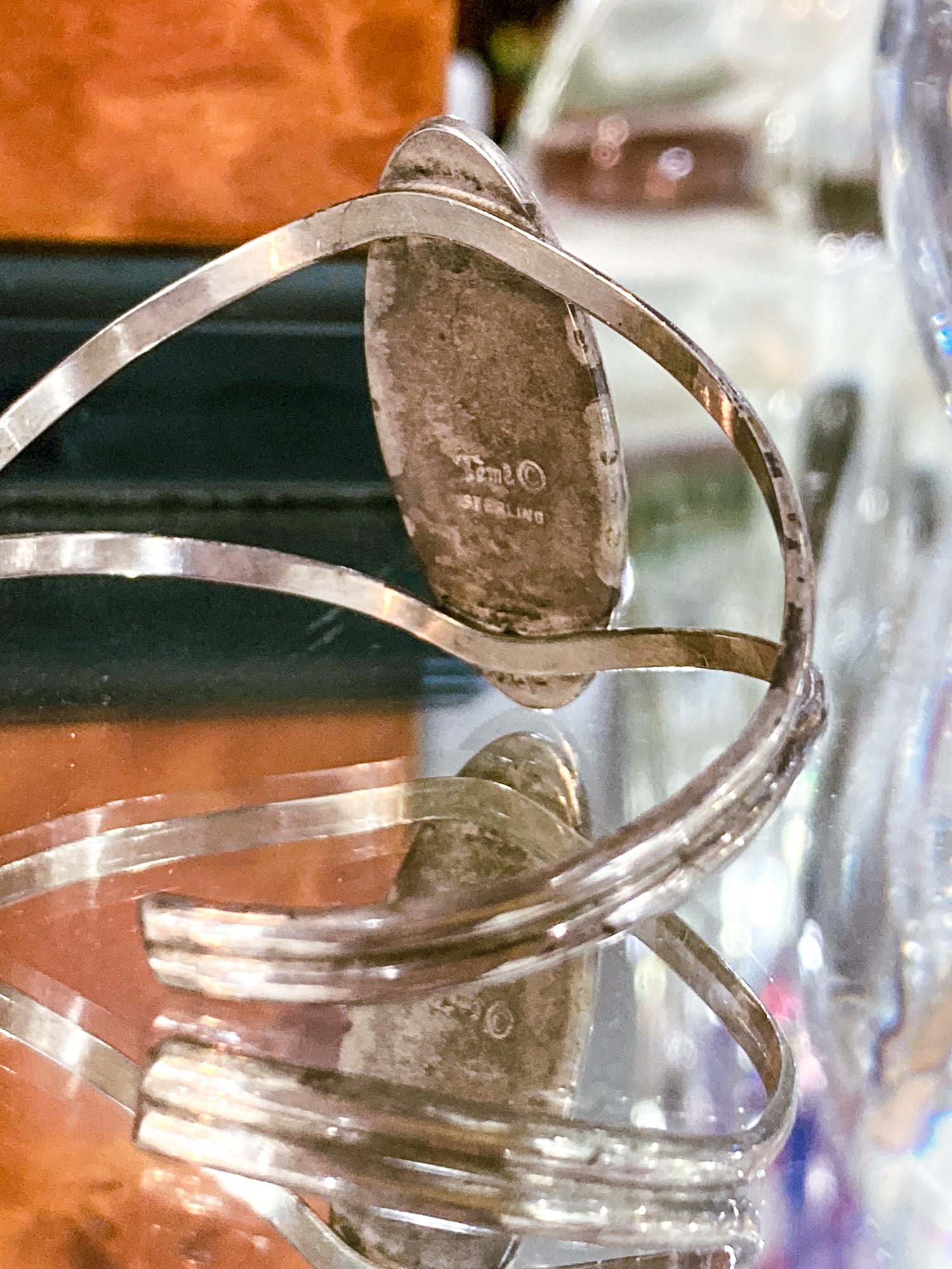 Vintage Temé Navajo Sterling Silver Geometric Stone Inlay Cuff Bracelet