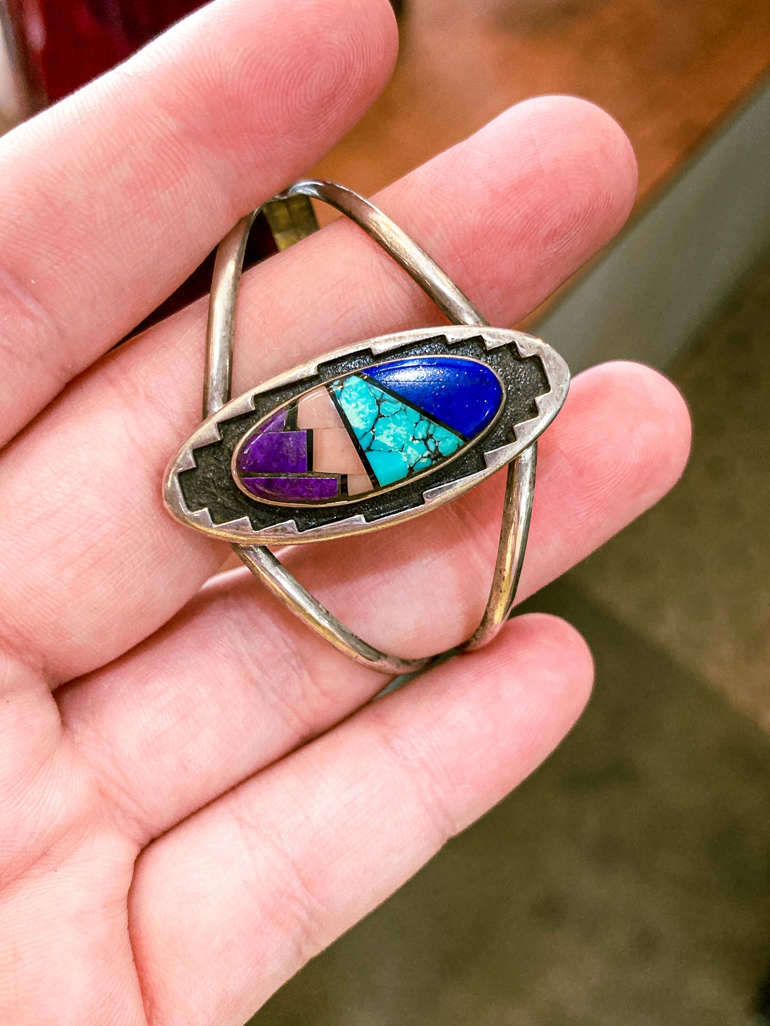 Vintage Temé Navajo Sterling Silver Geometric Stone Inlay Cuff Bracelet
