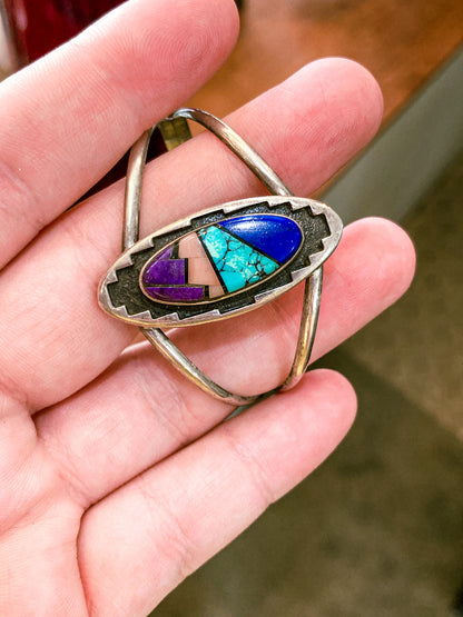 Vintage Temé Navajo Sterling Silver Geometric Stone Inlay Cuff Bracelet