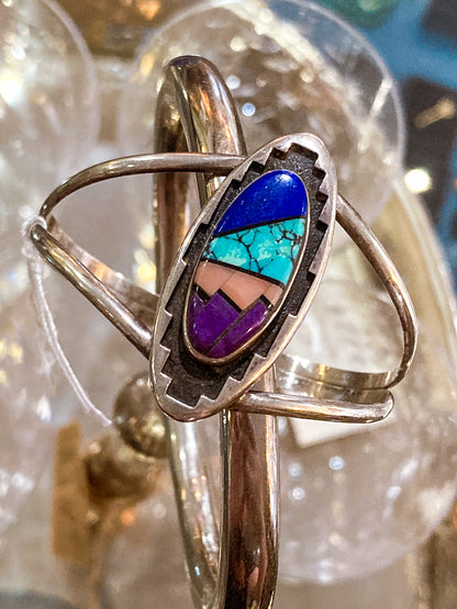 Vintage Temé Navajo Sterling Silver Geometric Stone Inlay Cuff Bracelet