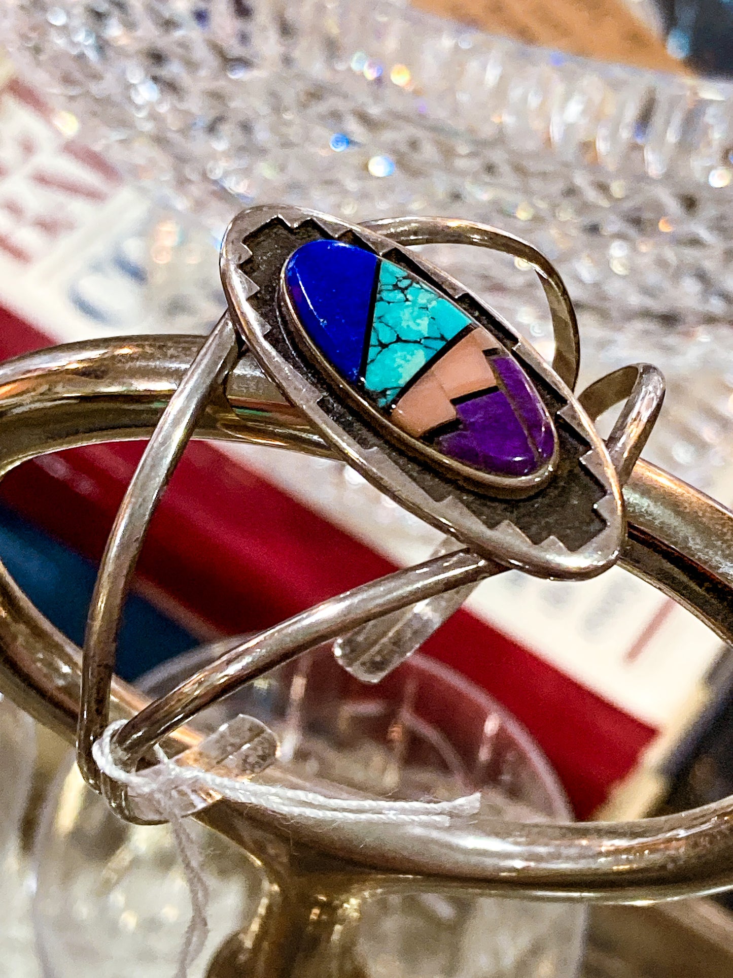 Vintage Temé Navajo Sterling Silver Geometric Stone Inlay Cuff Bracelet