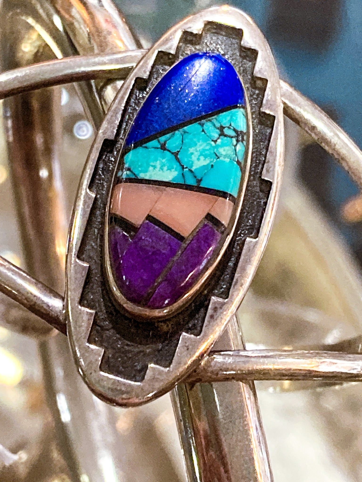Vintage Temé Navajo Sterling Silver Geometric Stone Inlay Cuff Bracelet