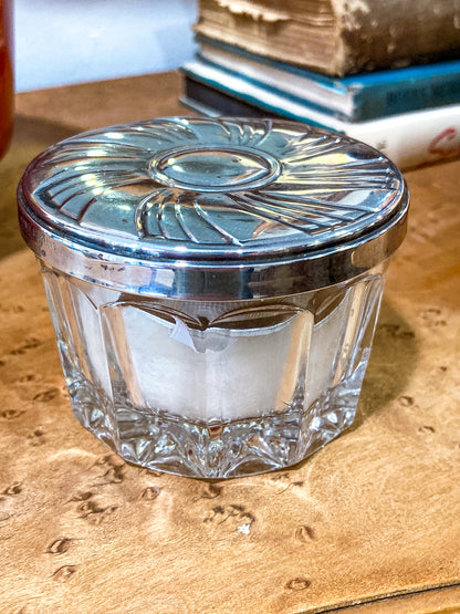 Vintage Towle Sterling Silver Mirror Lidded Clear Glass Powder Jar with Puff