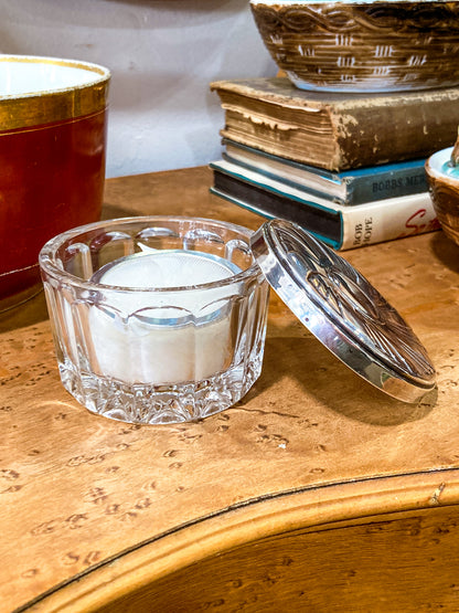 Vintage Towle Sterling Silver Mirror Lidded Clear Glass Powder Jar with Puff
