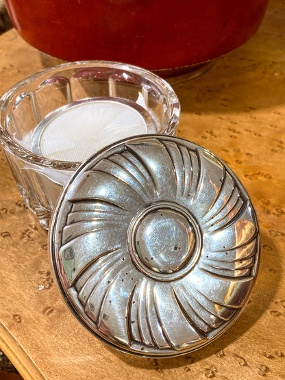 Vintage Towle Sterling Silver Mirror Lidded Clear Glass Powder Jar with Puff