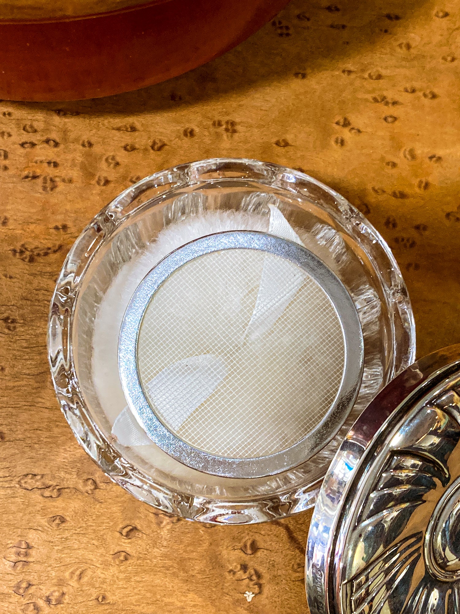Vintage Towle Sterling Silver Mirror Lidded Clear Glass Powder Jar with Puff