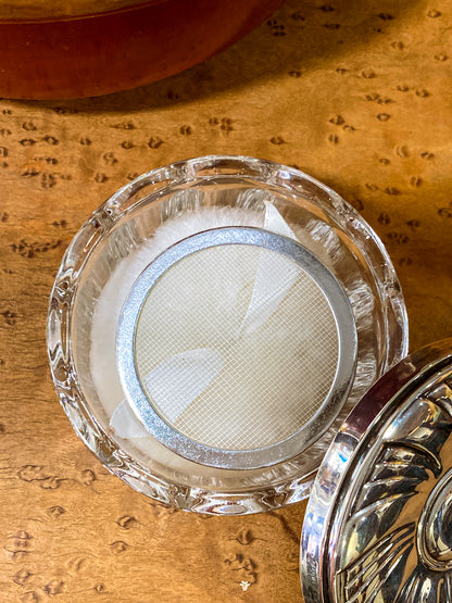 Vintage Towle Sterling Silver Mirror Lidded Clear Glass Powder Jar with Puff