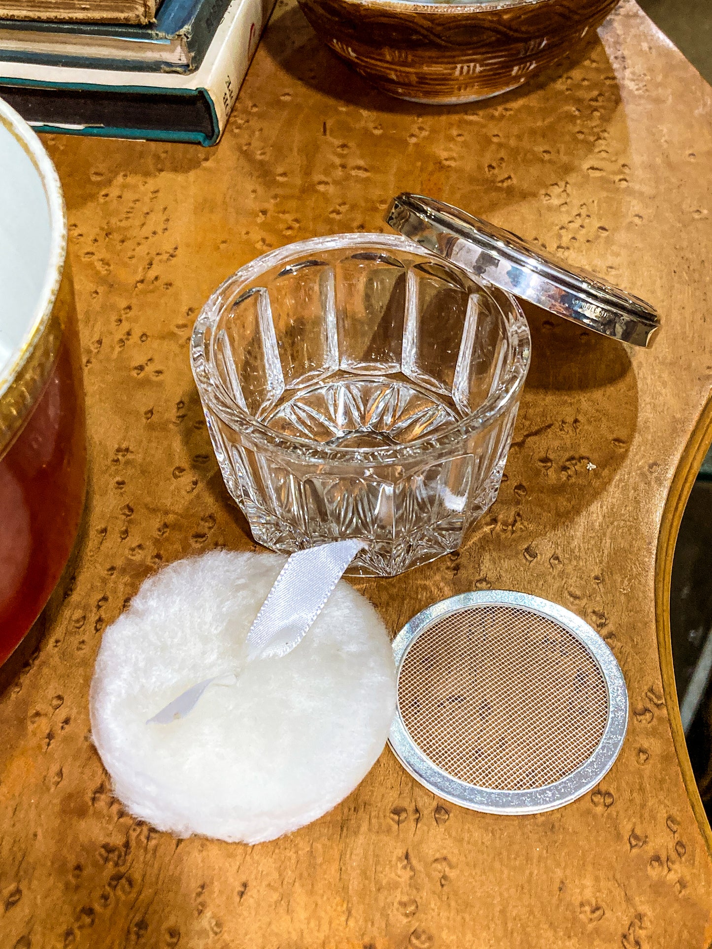 Vintage Towle Sterling Silver Mirror Lidded Clear Glass Powder Jar with Puff