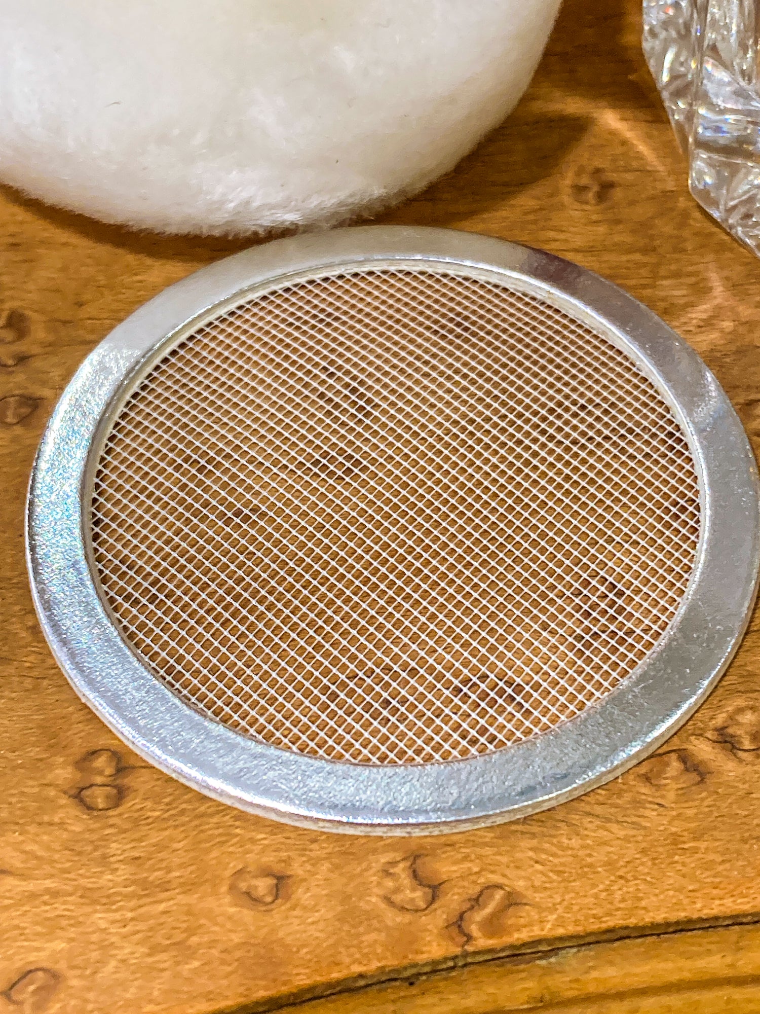 Vintage Towle Sterling Silver Mirror Lidded Clear Glass Powder Jar with Puff