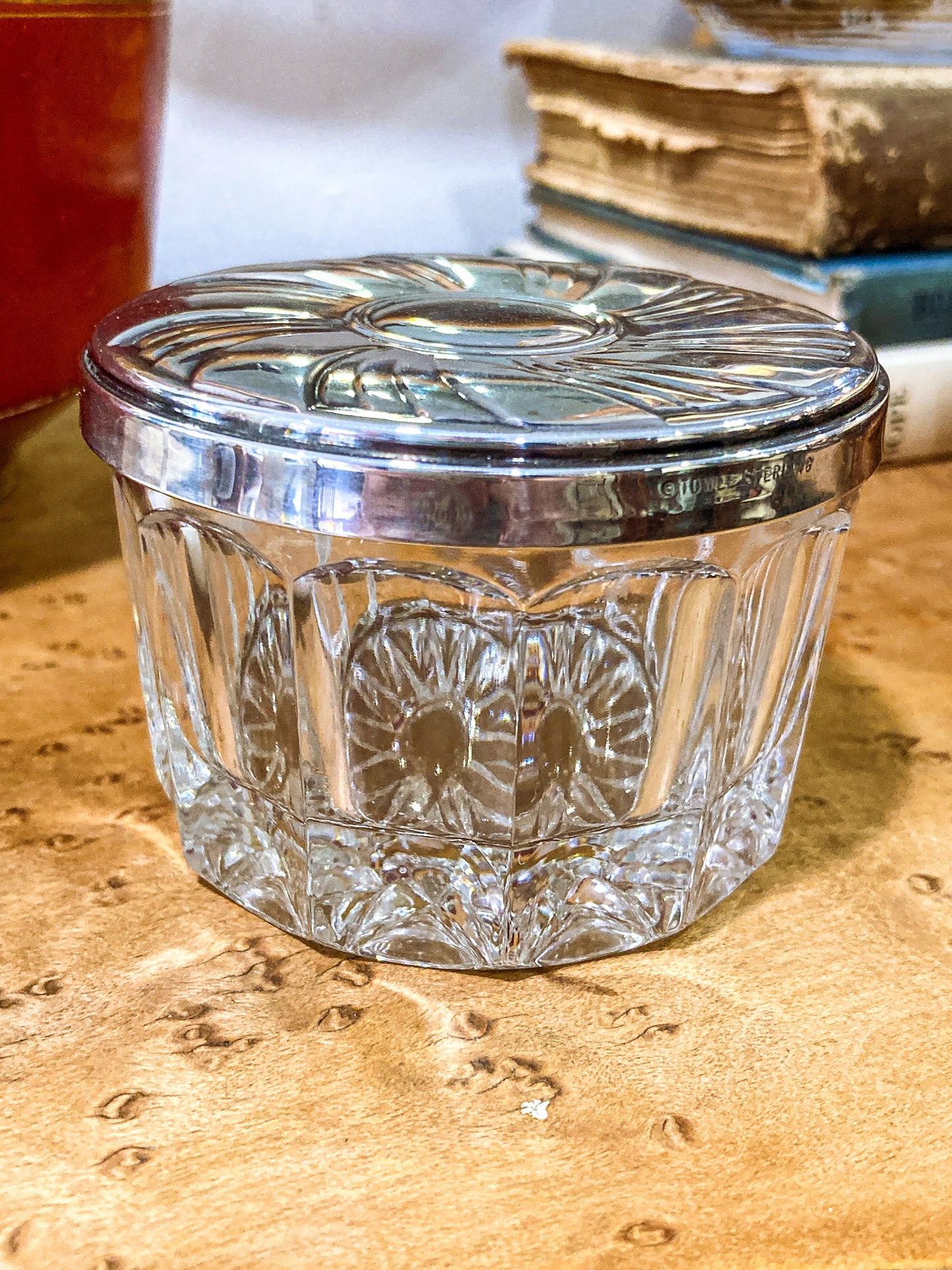 Vintage Towle Sterling Silver Mirror Lidded Clear Glass Powder Jar with Puff