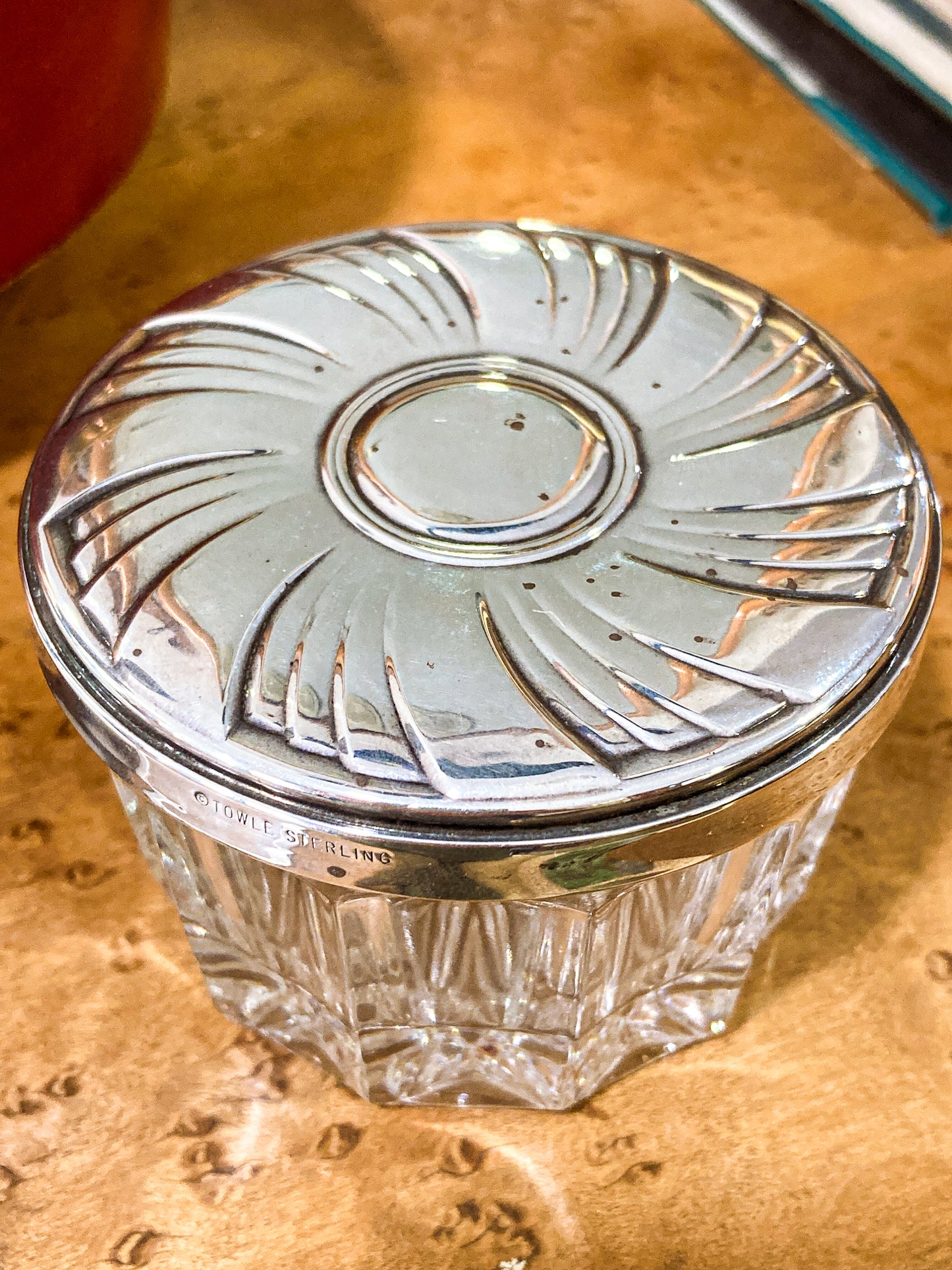Vintage Towle Sterling Silver Mirror Lidded Clear Glass Powder Jar with Puff