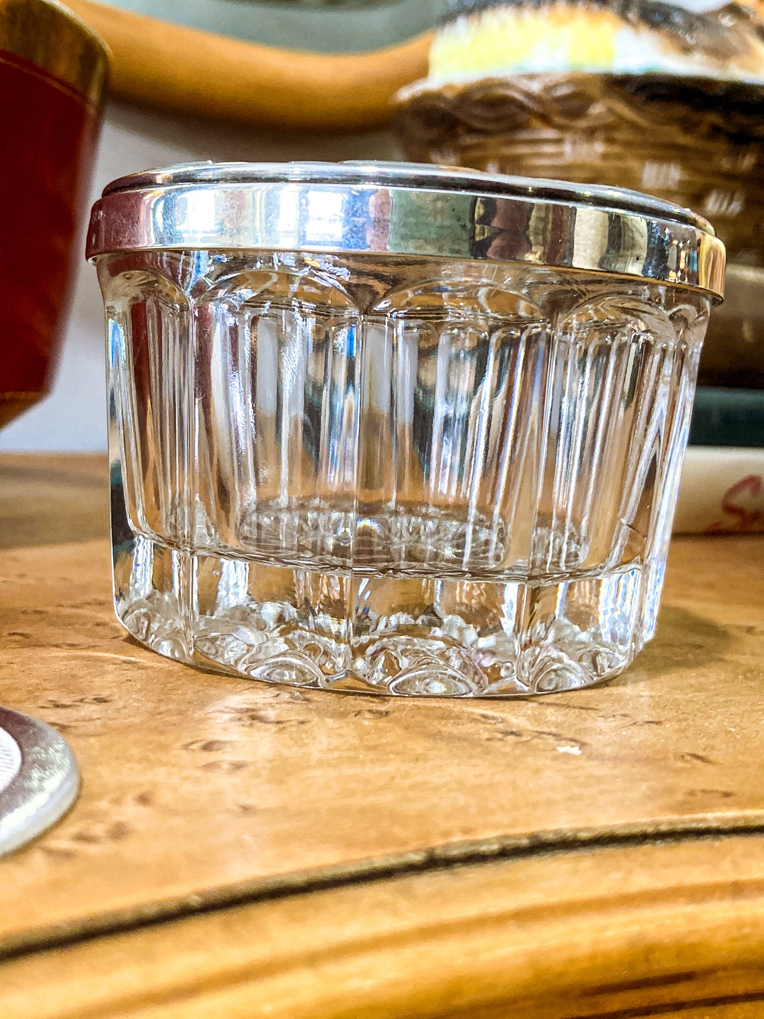 Vintage Towle Sterling Silver Mirror Lidded Clear Glass Powder Jar with Puff