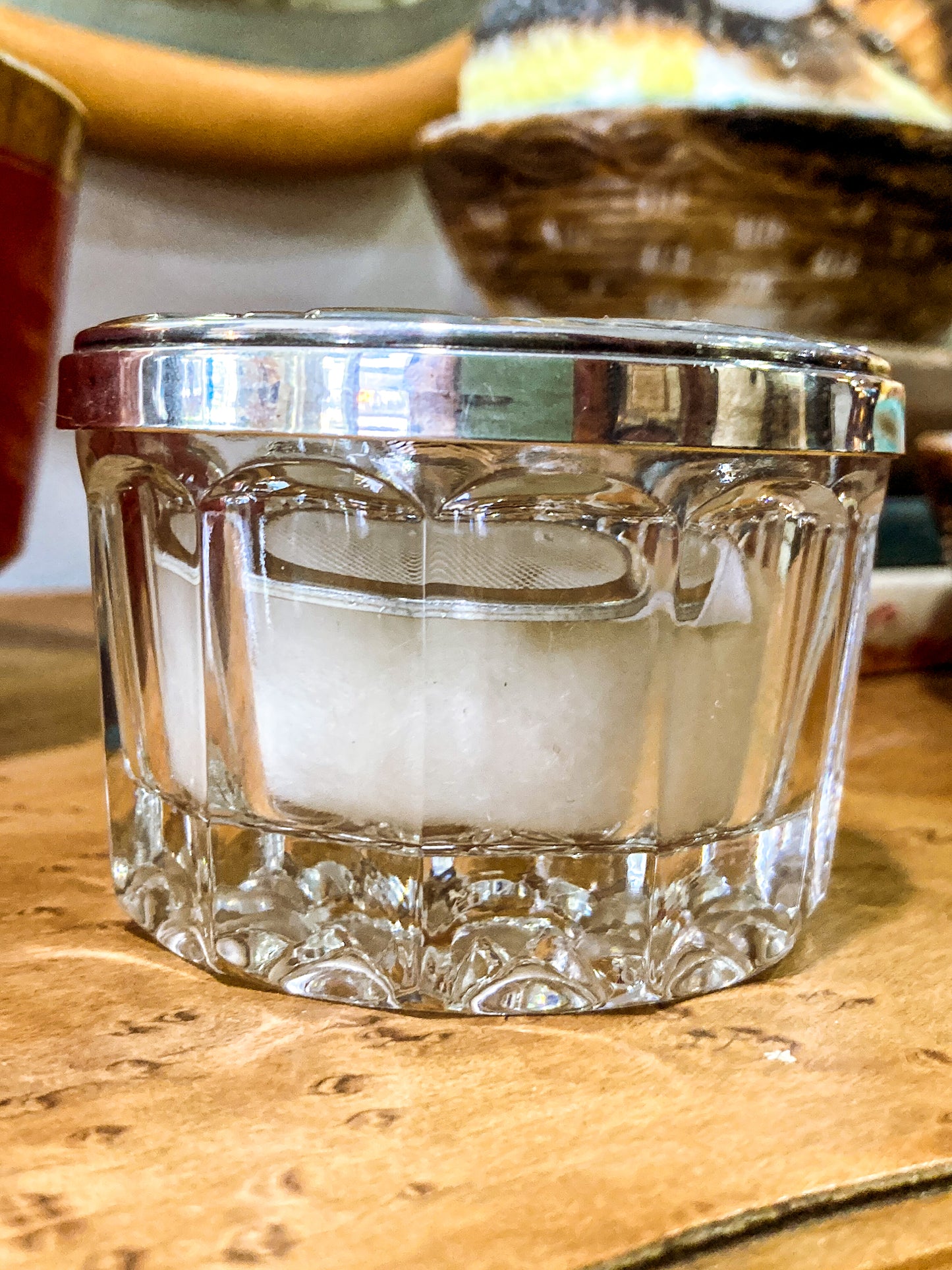 Vintage Towle Sterling Silver Mirror Lidded Clear Glass Powder Jar with Puff